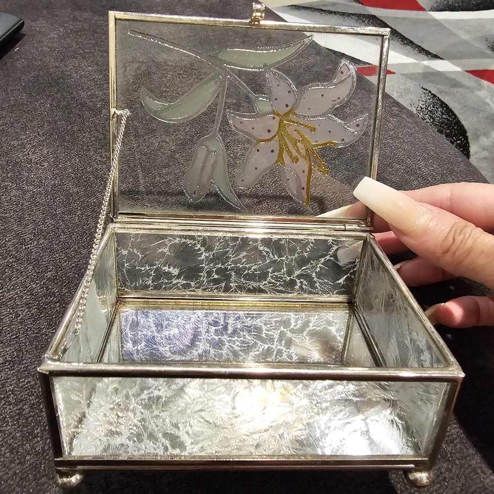 Vintage Jewelry Trinket Box Mirrored Stain Glass - Picture 2 of 6